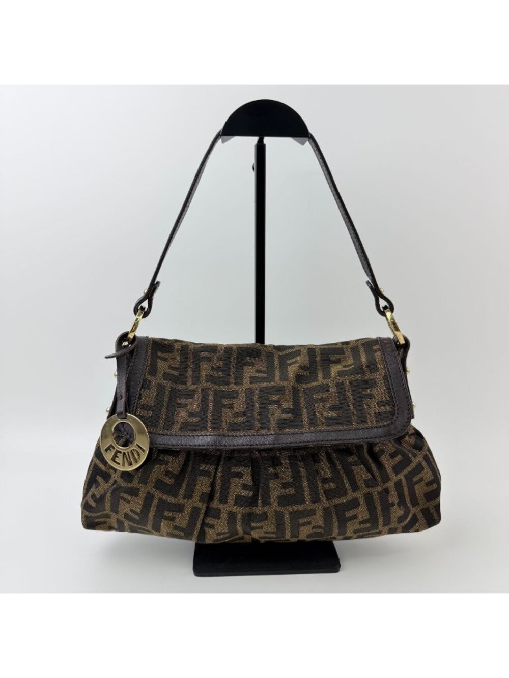 Fendi Zucca Chef Flap Shoulder Bag Canvas Brown Dark Gold Vintage